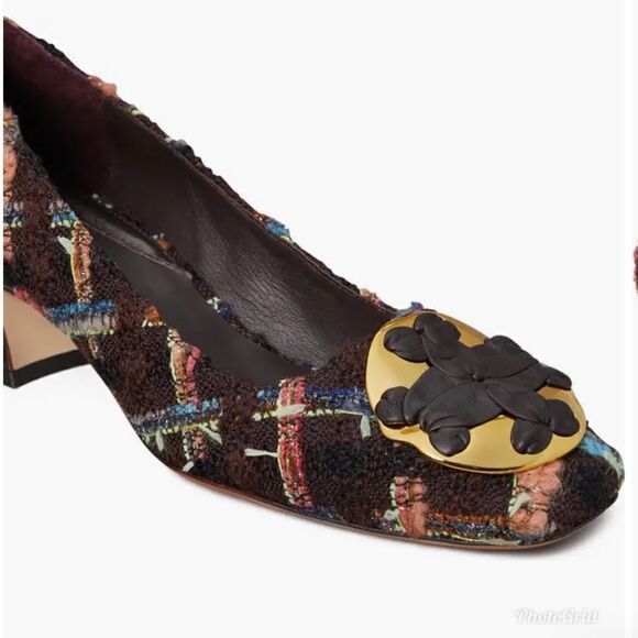 Revolve Tory Burch Wool Blend Mixed Media Tweed Boucle Plaid Pump In Brown/coco - Picture 3 of 10